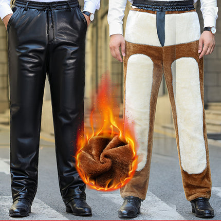 Middle-aged and Elderly Winter Velvet Thickeneded Leather Pants Men's Windproof, Waterproof, Warm, Elastic Waist, Loose Takeaway Large Size
