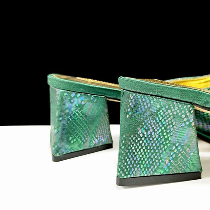 Cross-border Women Open Toe High Heel Slippers Snake-like Fabric Bright Eye Diamond Buckle Decoration Square Soft Bag Fashion Shoe Bag