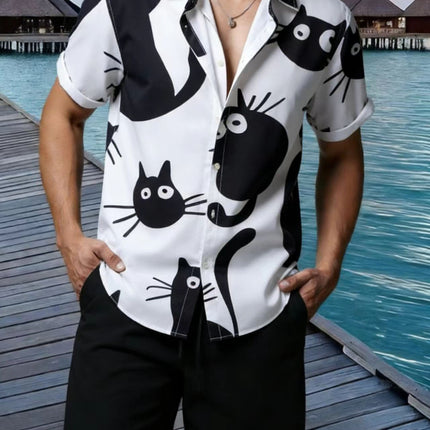 Casual Men's Shorts suit Black Cat Print Men's Short-sleeved Shirt Men's Shirt Summer 2025 New Cross-border