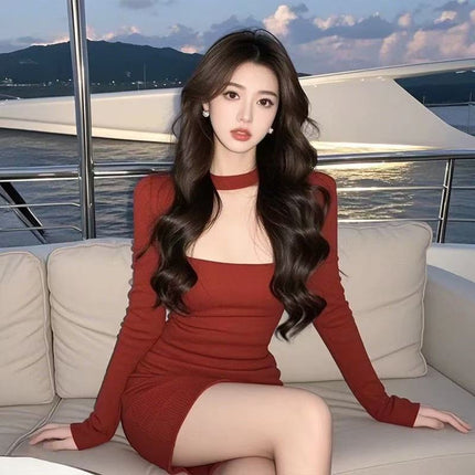 New French Style Neck Square Collar Long Sleeve dress Retro Light Luxury Elegant High-end Tight Waist Slimming Hip Skirt