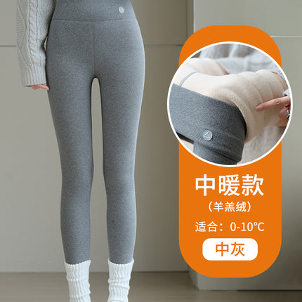 Lamb Wool Thermal Leggings for Women, Winter Fleece-Lined Thick High-Waisted Ribbed Slimming Stretchy Tight Cotton Pants