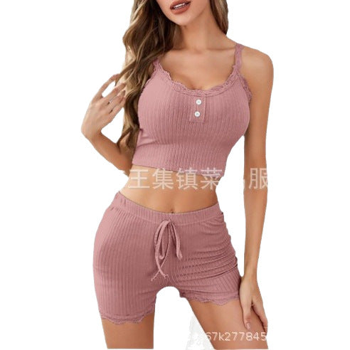 European and American Hot-Selling Fashionable Women's Loungewear Casual Pajamas Women's Lace-Trimmed Camisole Shorts Sexy Hot Girl Women's Clothing