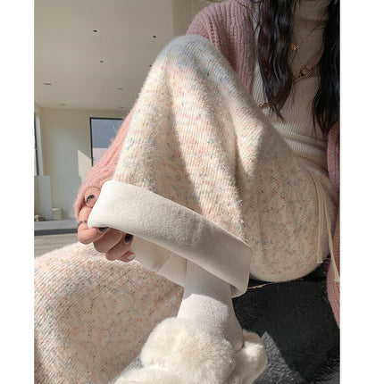 Rainbow Glutinous Rice Pants Women's Autumn and Winter 2024 New High Waist Dape Soft Glutinous Wide-leg Pants Casual Knitted Fleece-added Pants
