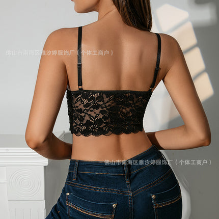 Cross-Border New Sexy Lace Trim European and American Style Sheer Crop Top Backless Solid Color Camisole for Outerwear