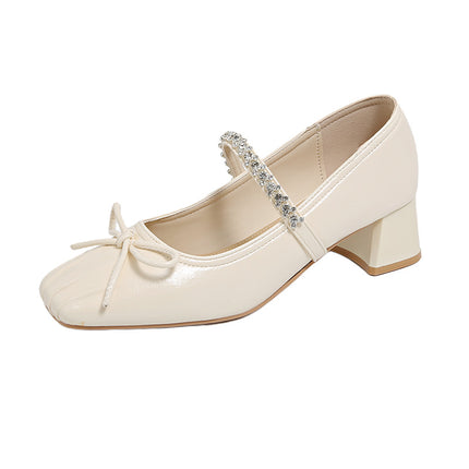 Bow Rhinestone Thick Heel Mary Jane Pumps for Women 2025 New French Champagne Color High Heels for Women with Skirts