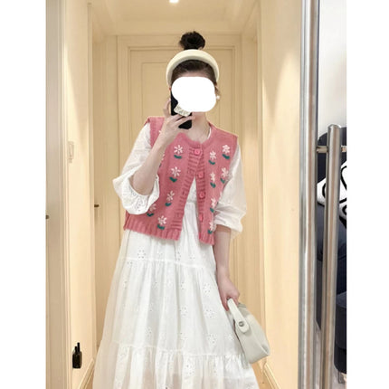 Spring 2023 New Loose Korean Style Sleeveless Knitted Pink Small Flower Sweater Vest White dress suit
