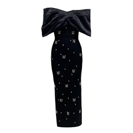 French Elegant Strapless Temperament Slim-Fit Slimming Heavy-Industry Nail Drill off-Shoulder Bandage dress BandageDress