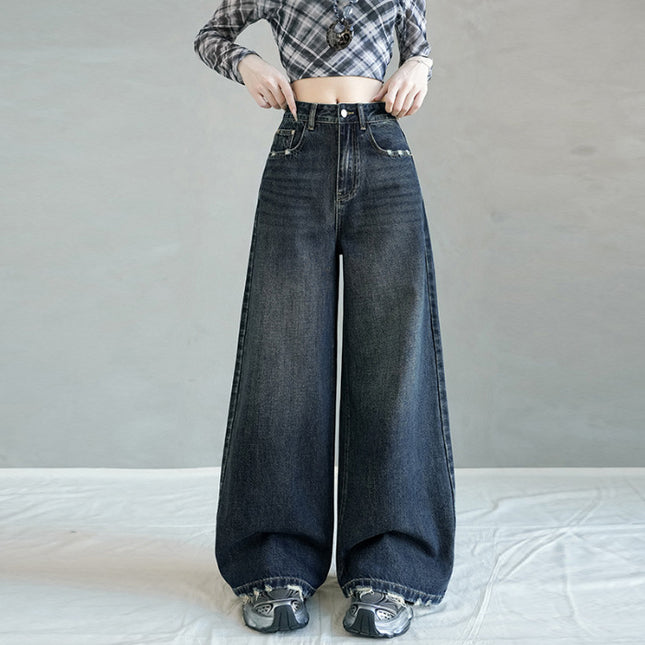American Retro Frayed Design Wide-Leg Jeans for Women in Autumn and Winter New Style High-Waisted Loose Flesh-Covering Straight Legs