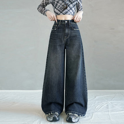 American Retro Frayed Design Wide-Leg Jeans for Women in Autumn and Winter New Style High-Waisted Loose Flesh-Covering Straight Legs