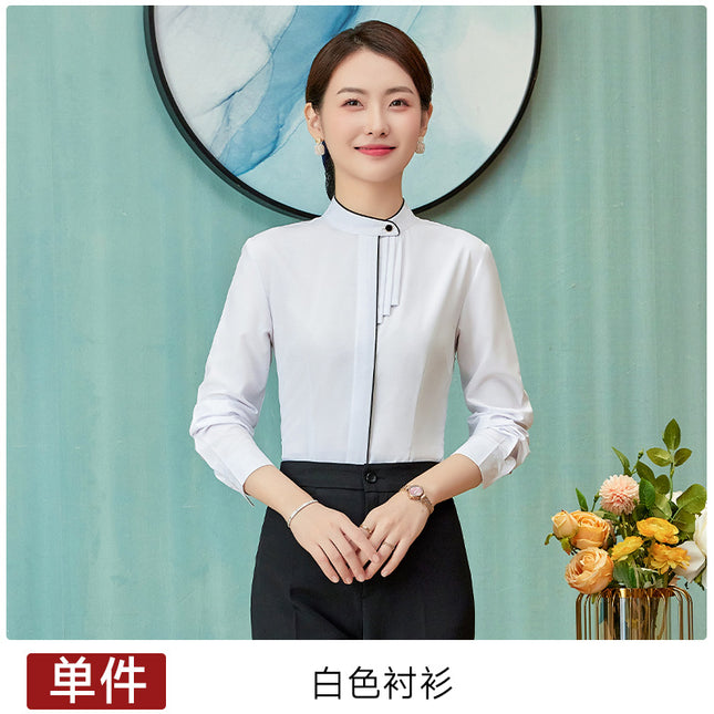 Elegant White Long-sleeved Shirt Spring and Autumn New Business Dress Dress Overalls Round Neck Buckle Women's Shirt