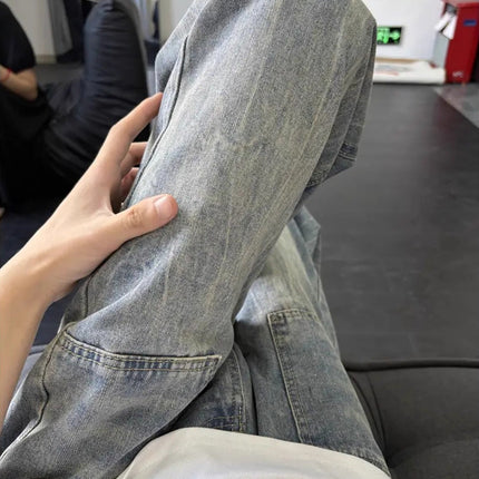 American Retro Lightning Pattern Jeans for Men, Autumn New Washed Pants, Loose Straight-Leg Pocket Design, Flared Pants