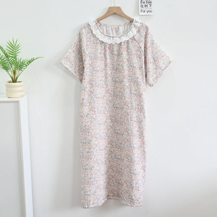 Summer Baby Cotton Gauze Short-Sleeved Thin Nightgown for Women Cartoon Lace Round Neck Breathable Cotton Home Clothes Can Be Worn Outside