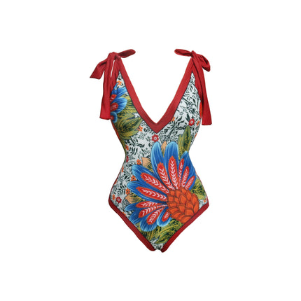 2024 New French lace-up swimsuit women's hot spring beach vacation one-piece bikini sexy printed suit swimsuit