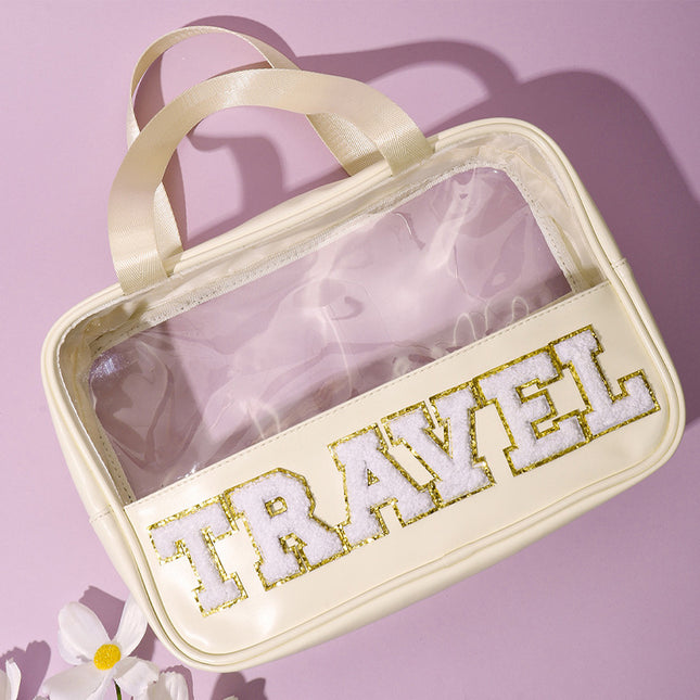 Cross-border new embroidered letters cosmetic bag pvc stitching transparent storage bag large capacity wash bag factory direct sales