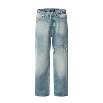 11Kn American Blue Straight-Leg Jeans for Men and Women with Knife Cut and Damaged Retro Slimming Look Trendy Wide-Leg Casual Pants Version