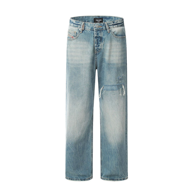 11Kn American Blue Straight-Leg Jeans for Men and Women with Knife Cut and Damaged Retro Slimming Look Trendy Wide-Leg Casual Pants Version
