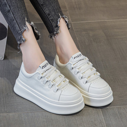 Genuine Leather Thick-Soled White Sneakers for Women, 2025 Autumn Breathable Sports Casual Shoes, Fashionable Platform Shoes, Height-Increasing Sneakers, Comfortable