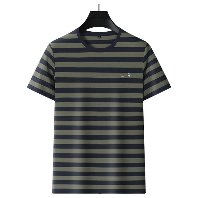 Woodpecker Men's Summer in stock Heavy Round Neck Shirt Striped Light Business Fit Casual Men's Top Simple