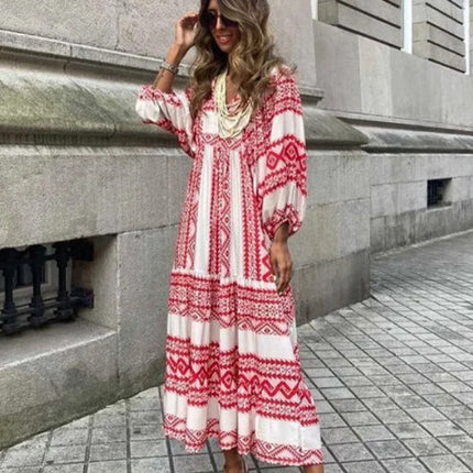 European and American Plus-Size Women's Loose-Fitting Bohemian Round-Neck Lantern-Sleeve Sweet Girl Dress Wholesale from Source Factory