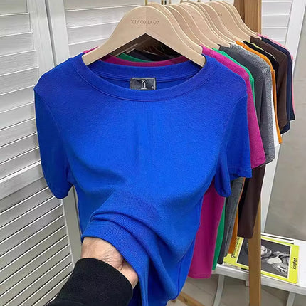 European New plus size Solid Color Loose Elastic Thread Short-sleeved T-shirt Women's Base Shirt Top Fashionable Green Shirt