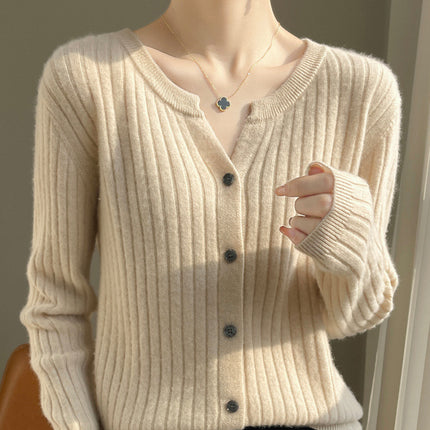 Autumn and Winter New Versatile Loose Sweater Niche Short Cardigan with Round V-Neck Design Ribbed Knit for Women