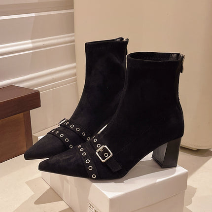 Punk Style Pointed Toe Short Boots Women's Boots 2025 New Spring & Fall Single Boots Rear Zipper Slim Boots Low Heel Ankle Boots