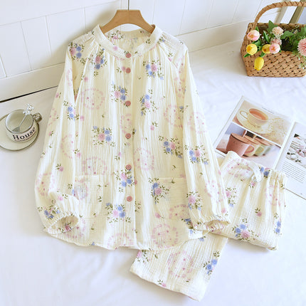 A variety of pure cotton chest pad month clothing spring and autumn crepe postpartum nursing suit long sleeve nursing loose two-piece women's set