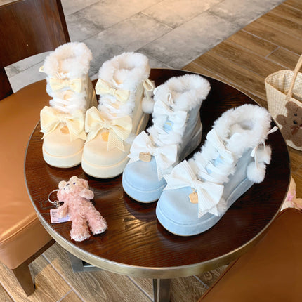 Autumn and Winter New Shoes Thick-Soled Sweet Soft Girl Boots Chick Yellow Cute Soft Fur Ball Lolita Shoes