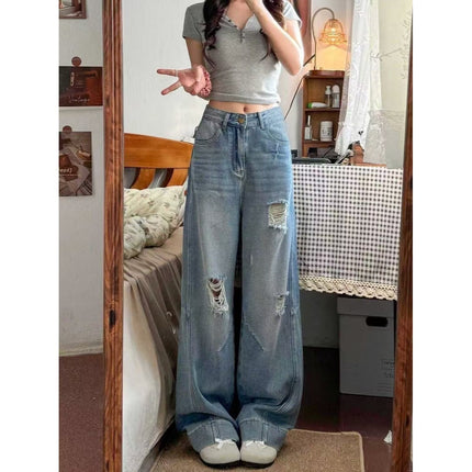American Style Ripped Jeans for Women, Autumn New Plus-Size High-Waisted Pear-Shaped Figure Slimming Loose Wide-Leg Pants
