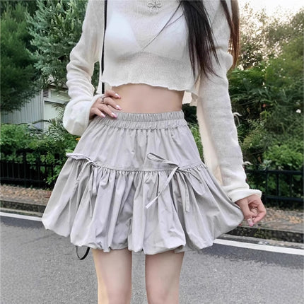 Pleated Bow Flower Bud Skirt Women's Summer Gray Niche Waist Slimming Lantern Anti-Exposure Skirt