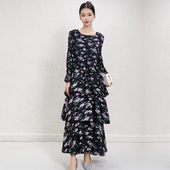 Black Crewneck Long Sleeve Floral Waist French Long Dress 2024 Autumn and Winter New Pleated Printed Cake Dress dress