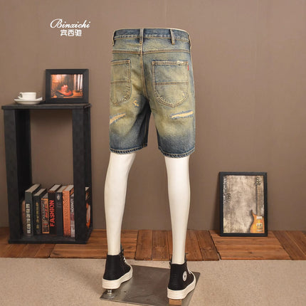 Summer Retro Ripped Denim Shorts Men's Trendy Brand Loose Straight Patch Heavy Washed 1 Casual Pants Men