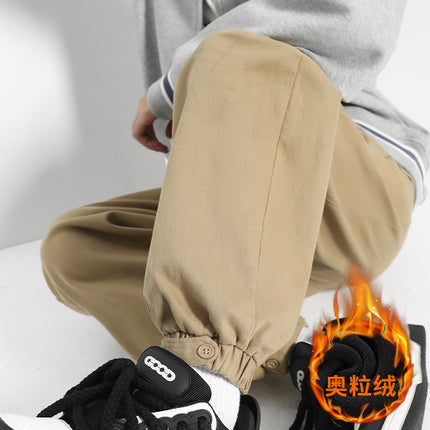 Army Green cotton overalls men's autumn and winter fleece-lined men's pants toe pants men's sweater winter casual pants men's