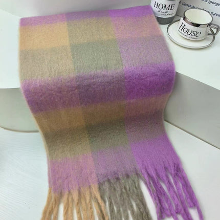 New Rainbow Plaid Tassel Scarf Women's Autumn and Winter European and American Cross-border Color-matching Cashmere and mohair Shawl Thickened Wai