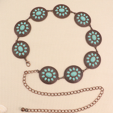 Cross-Border European and American Bohemian Ethnic Style Turquoise Eco-Friendly Alloy Handmade Jewelry Waist Chain Vintage Chain