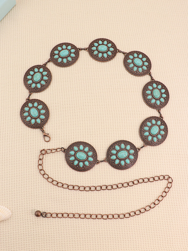 Cross-Border European and American Bohemian Ethnic Style Turquoise Eco-Friendly Alloy Handmade Jewelry Waist Chain Vintage Chain