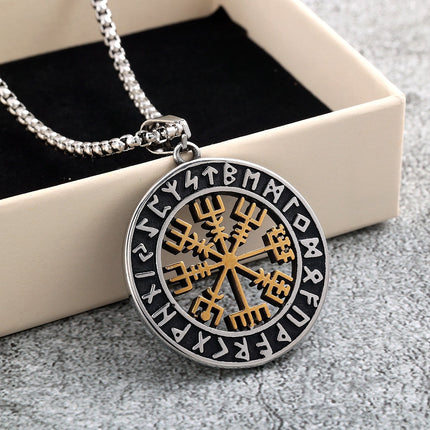 Nordic Retro Stainless Steel Pendant Suitable for Men and Women Viking Double-Sided Compass Necklace