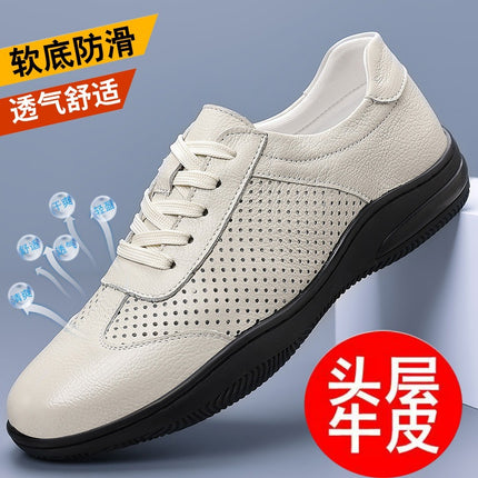 Men's Perforated Leather Shoes 2025 Summer New Men's Non-Slip Breathable Top Layer Cowhide Men's Shoes Soft Sole Trendy German Training Shoes