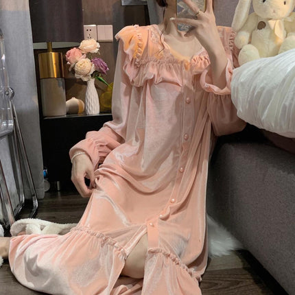 Vintage Palace Style Golden Velvet Nightgown Women's Spring 2022 New Pure Desire Style Long Sleeve Pajamas High-grade Home Clothes