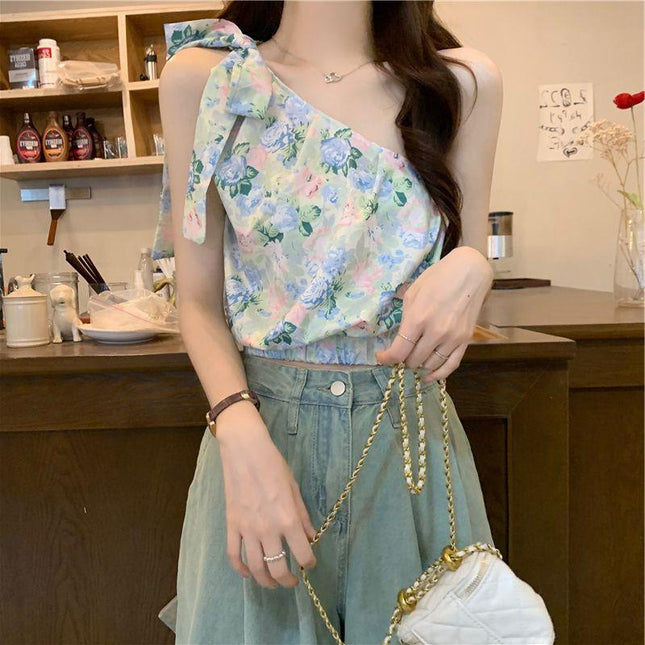 Resort Style Floral Slanted Shoulder Vest for Women Summer 2025 New Style French Chic Sexy Off-Shoulder Strappy Top for Outer Wear