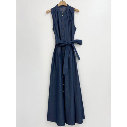 2025 Cross-border Elegant and Noble Chic Sleeveless Thin Denim Long Dress Vertical Collar Large Swing Dress Fashion dress