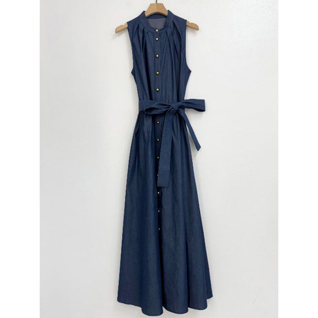 2025 Cross-border Elegant and Noble Chic Sleeveless Thin Denim Long Dress Vertical Collar Large Swing Dress Fashion dress