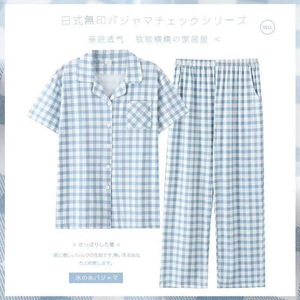 Long-Sleeved Cotton Japanese Pajamas Women's Suit Cotton Plaid Couple Long-Sleeved Home Clothes Men's Summer Thin Suit