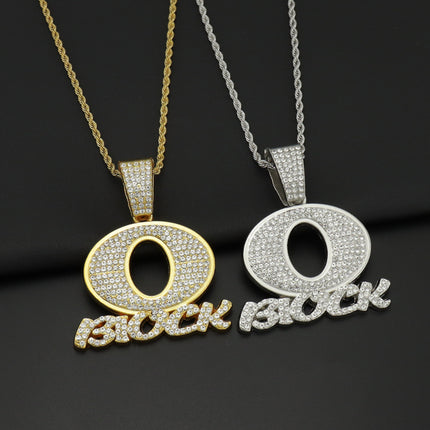 European and American Hip Hop OBLOCK Letter Pendant Necklace Alloy Diamond Brand Punk Rap Cool Necklace Cross Border