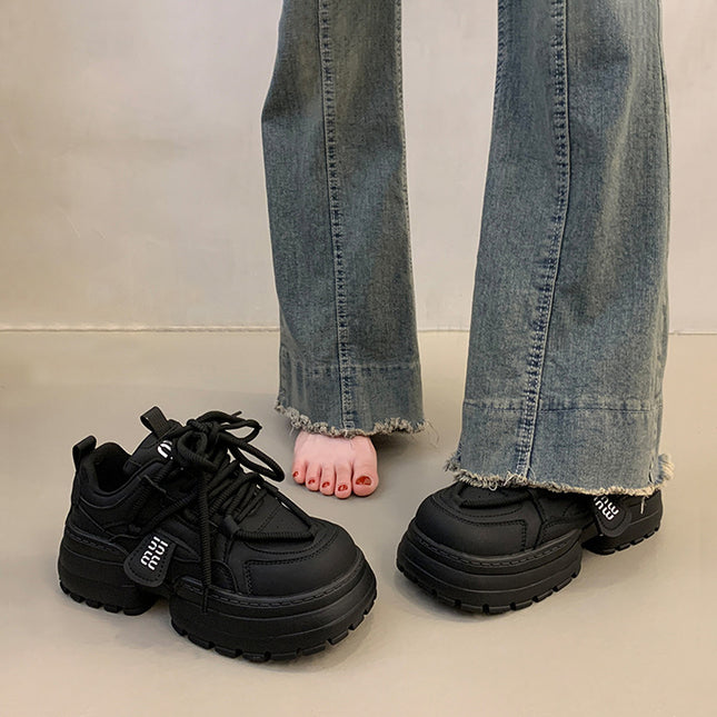Women's Shoes 2025 New Spring Black Sneakers Versatile Casual Sneakers Thick-Soled Height-Increasing Dad Shoes to Match Skirts