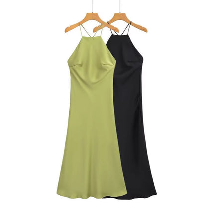 Foreign Trade Cross-Border Women's Clothing 2025 New Summer Style French Sexy Open Back Design Silk Satin Texture Suspender Dress