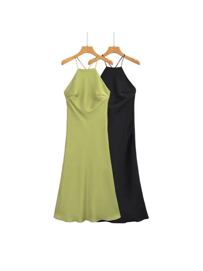 Foreign Trade Cross-Border Women's Clothing 2025 New Summer Style French Sexy Open Back Design Silk Satin Texture Suspender Dress