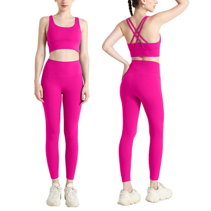 European and American Fashion Fitness Set, Push-Up Cross Sports Bra, Nude-Feel High-Waisted Butt-Lifting Yoga Two-Piece Set for Women