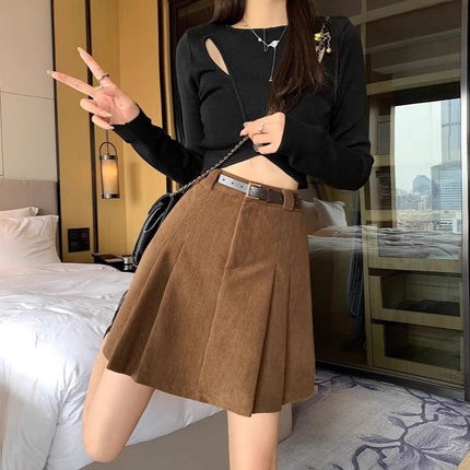 High Waist A- Line Corduroy Short Skirt Women's Autumn and Winter brown Anti-Light Pleated Skirt Skirt plus size Niche Age-Reducing Skirt