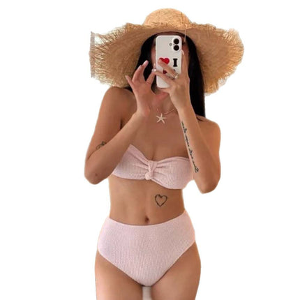 Korean Style Solid Color Bikini Pleated Cloth New Sexy Push-Up Split Beach Swimsuit for Women Ready for Delivery
